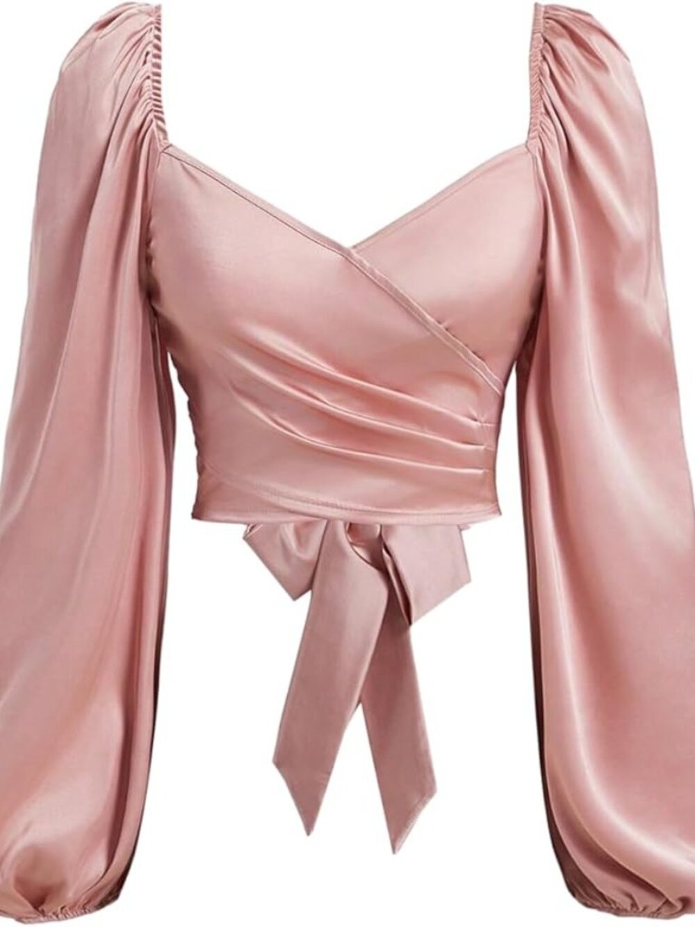 SOLY HUX Women's Lantern Long Sleeve Wrap Ruched Bow Tie Blouse Sweetheart Neck